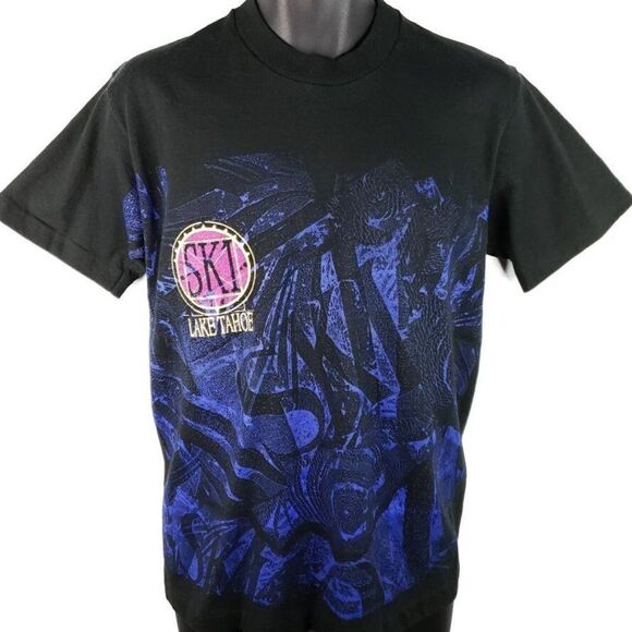 Ski Lake Tahoe T Shirt Vintage 90s Downhill Skiing All Over Print Made In USA M - Picture 1 of 6